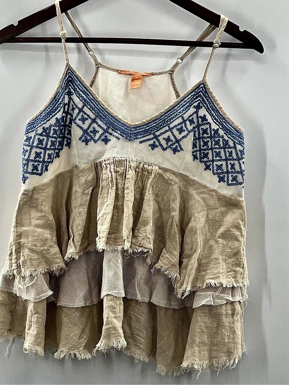 597 Chelsea & Violet Cotton Embroidered bohemian-style tiered ruffle camisole